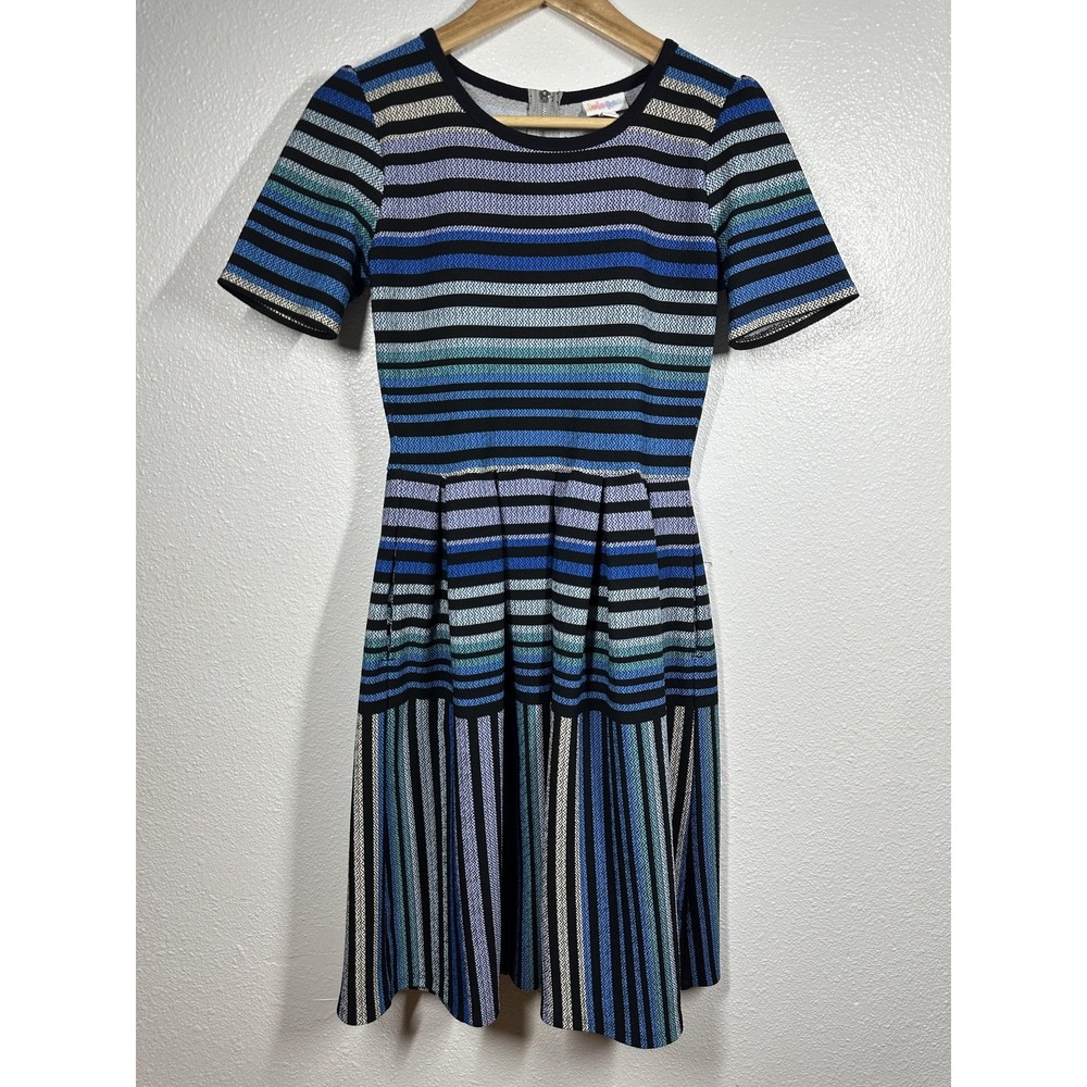 LuLaRoe Dress Womens Small Blue Black Green Striped Short Sleeve Zipper‎ Pockets